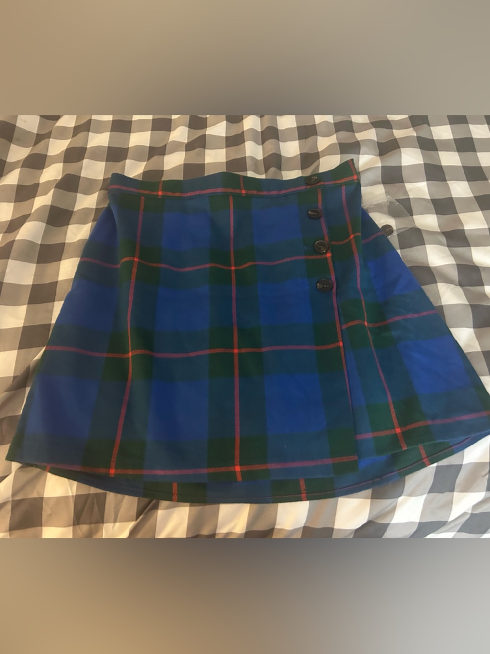 Plaid women’s Button-Front Mini Skirt in Blue, Green, and pink